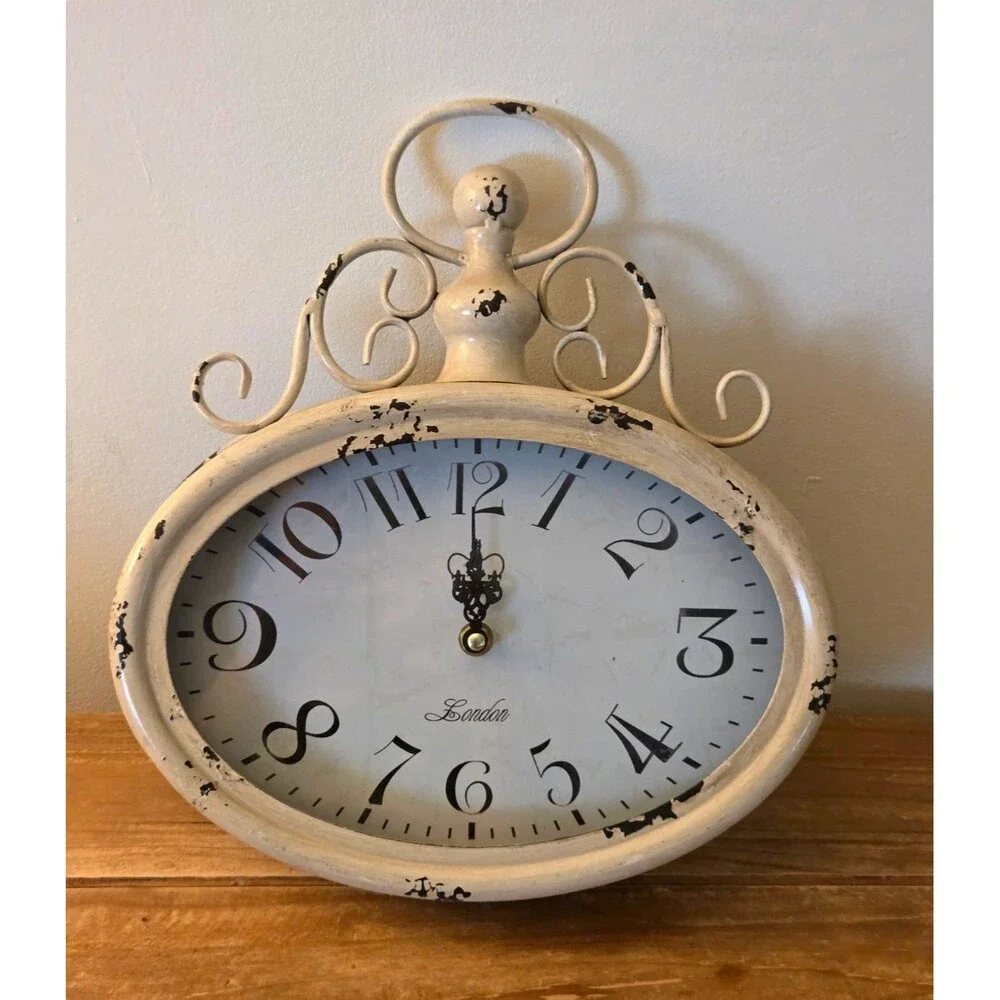 Vintage Style London Oval Wall Clock Distressed Cream White Metal Shabby Chic
